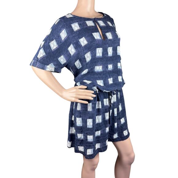 Tory Burch Erica Antibes Blue Poplin Square Silk Drop Waist Blouson Mini Dress L - Picture 6 of 11